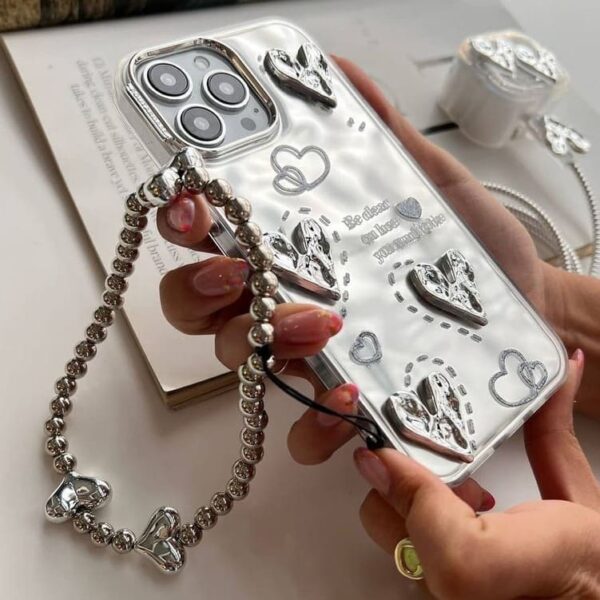 Heart-Shaped Silver Phone Case with Chain Strap