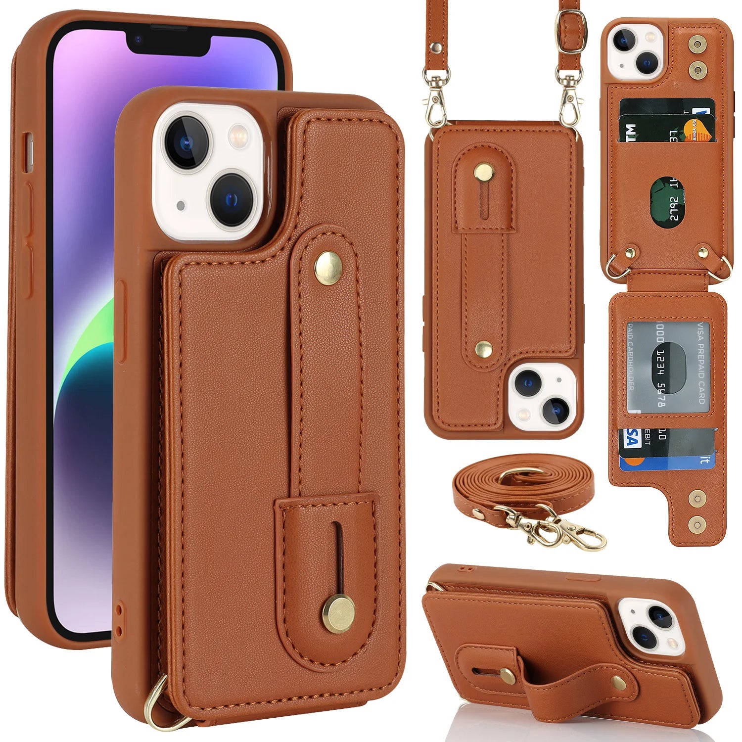 Leather Phone Case with Card Holder and Wrist Strap for iPhone 7