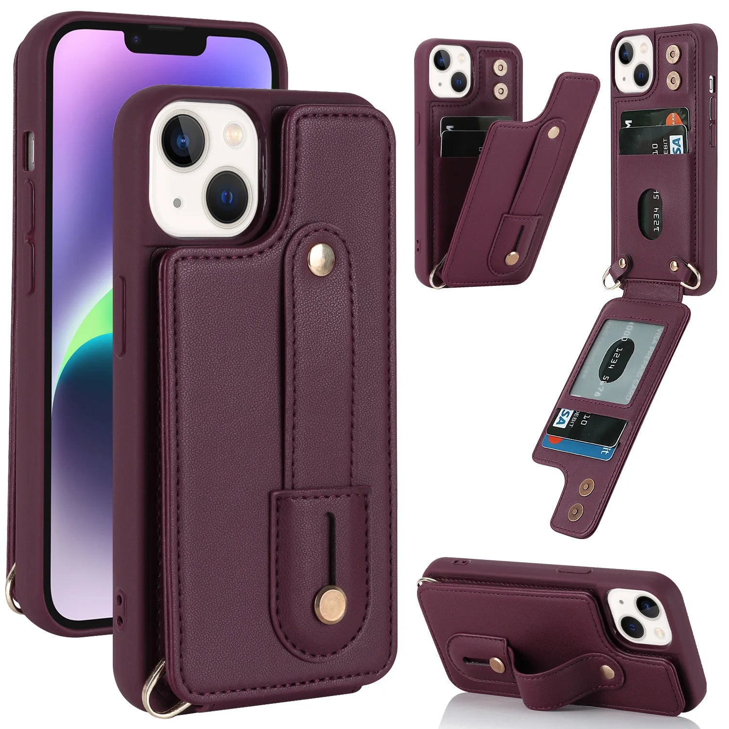 Leather Phone Case with Card Holder and Wrist Strap for iPhone 8