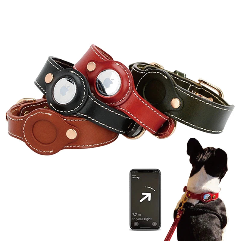 Custom Logo Leather Dog Collar with AirTag Holder