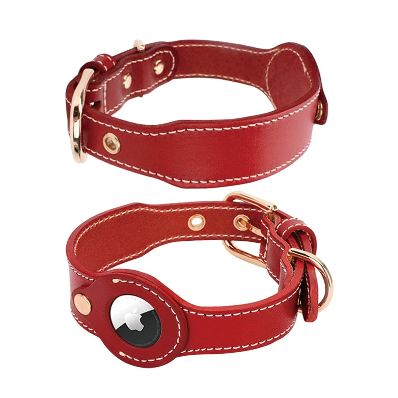 Custom Logo Leather Dog Collar with AirTag Holder 1