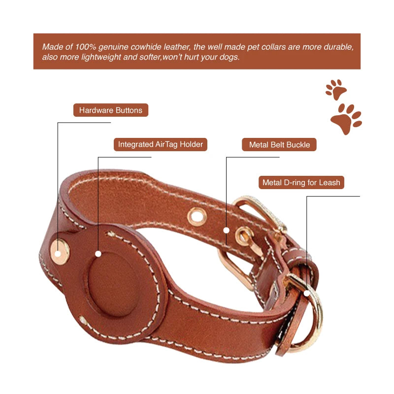 Custom Logo Leather Dog Collar with AirTag Holder 3