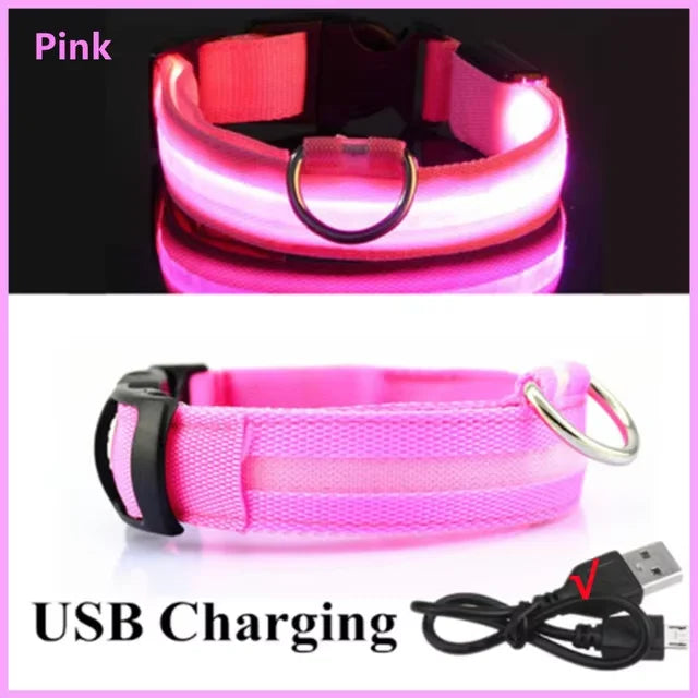 LED Nylon Dog Collar Adjustable Night Safety Glow 9