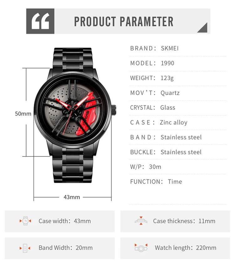 Men's Luxury Quartz Watch Waterproof Car Wheel Design 5