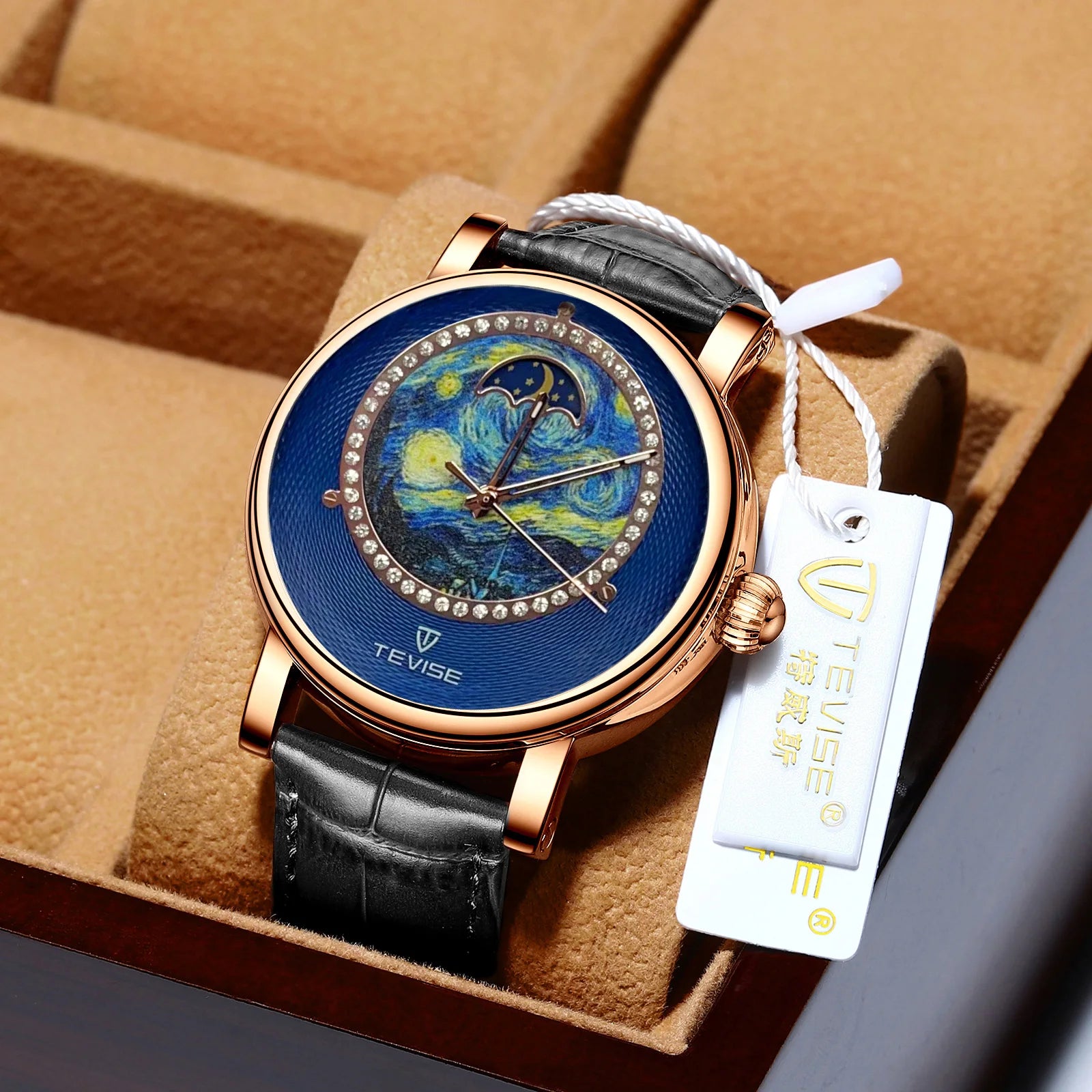 Men's Zircon Art Design Mechanical Watch with Power Reserve