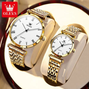 OLEVS Gold Stainless Steel Quartz Couple Watches