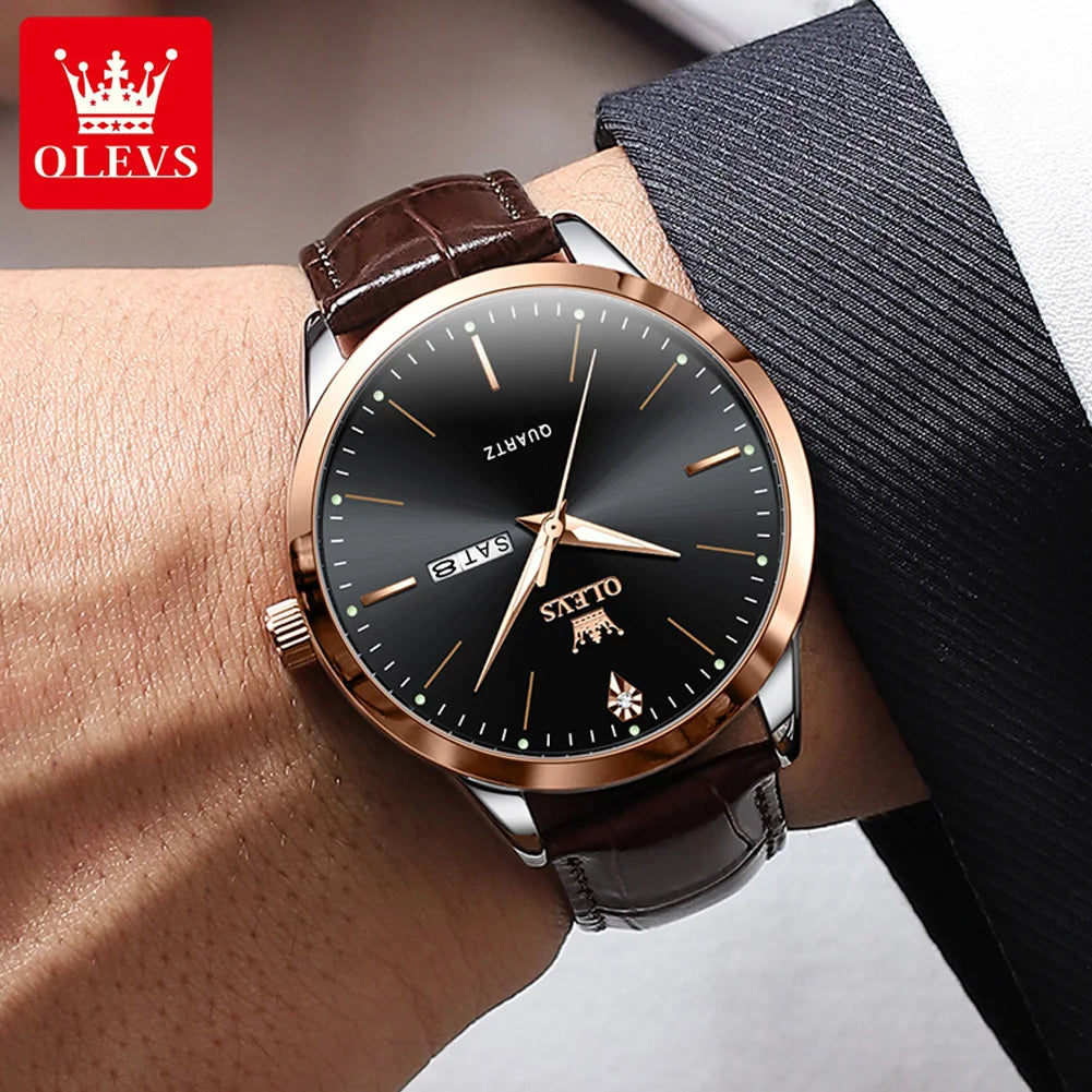 OLEVS Luxury Men's Quartz Watch with Leather Strap and Calendar 3