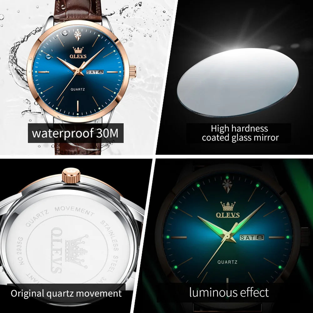 OLEVS Luxury Men's Quartz Watch with Leather Strap and Calendar 5
