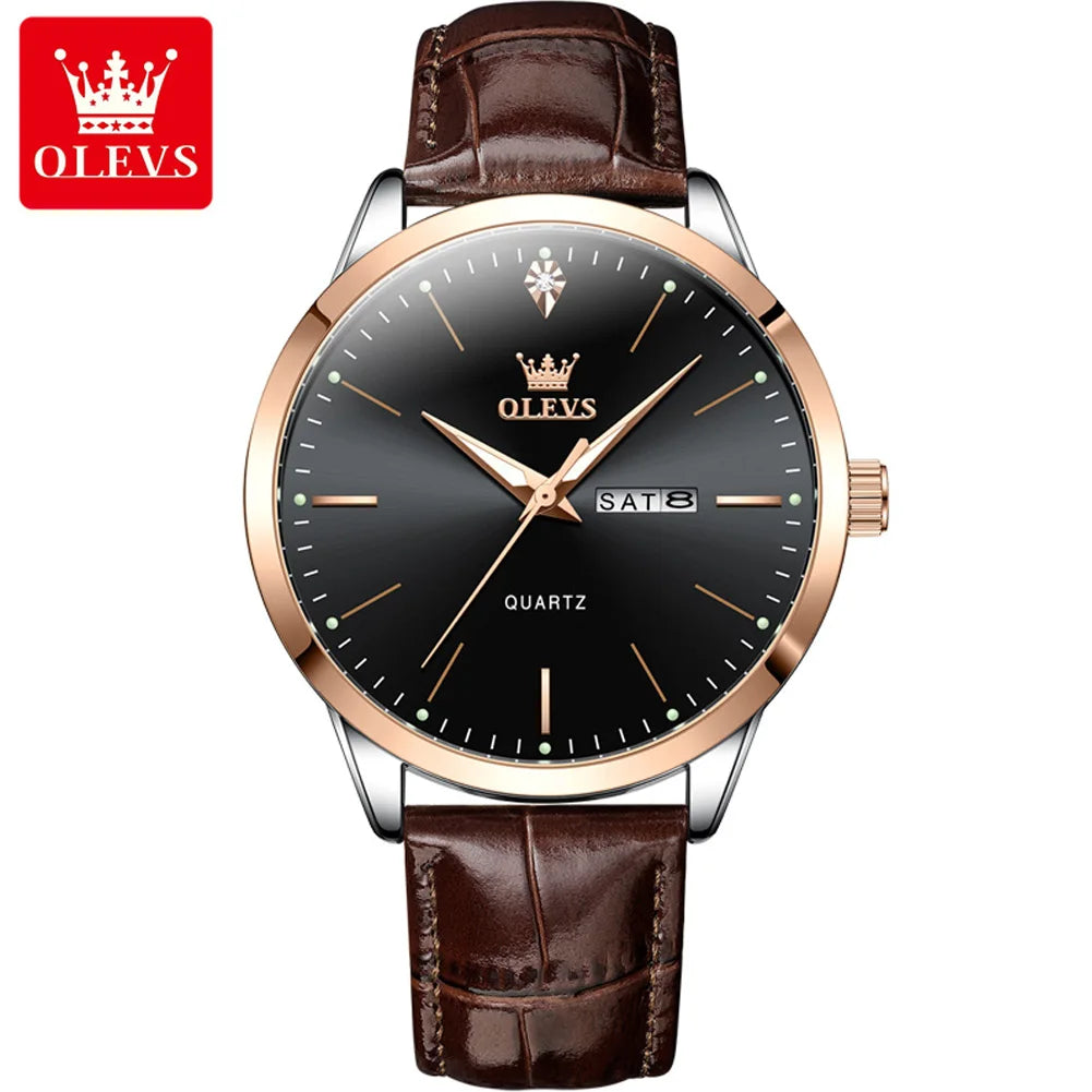 OLEVS Luxury Men's Quartz Watch with Leather Strap and Calendar 7