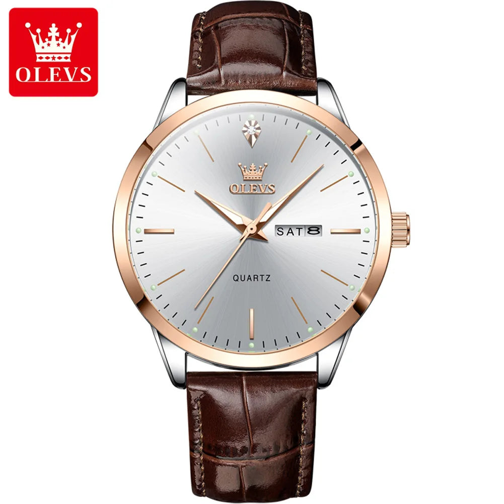 OLEVS Luxury Men's Quartz Watch with Leather Strap and Calendar 8
