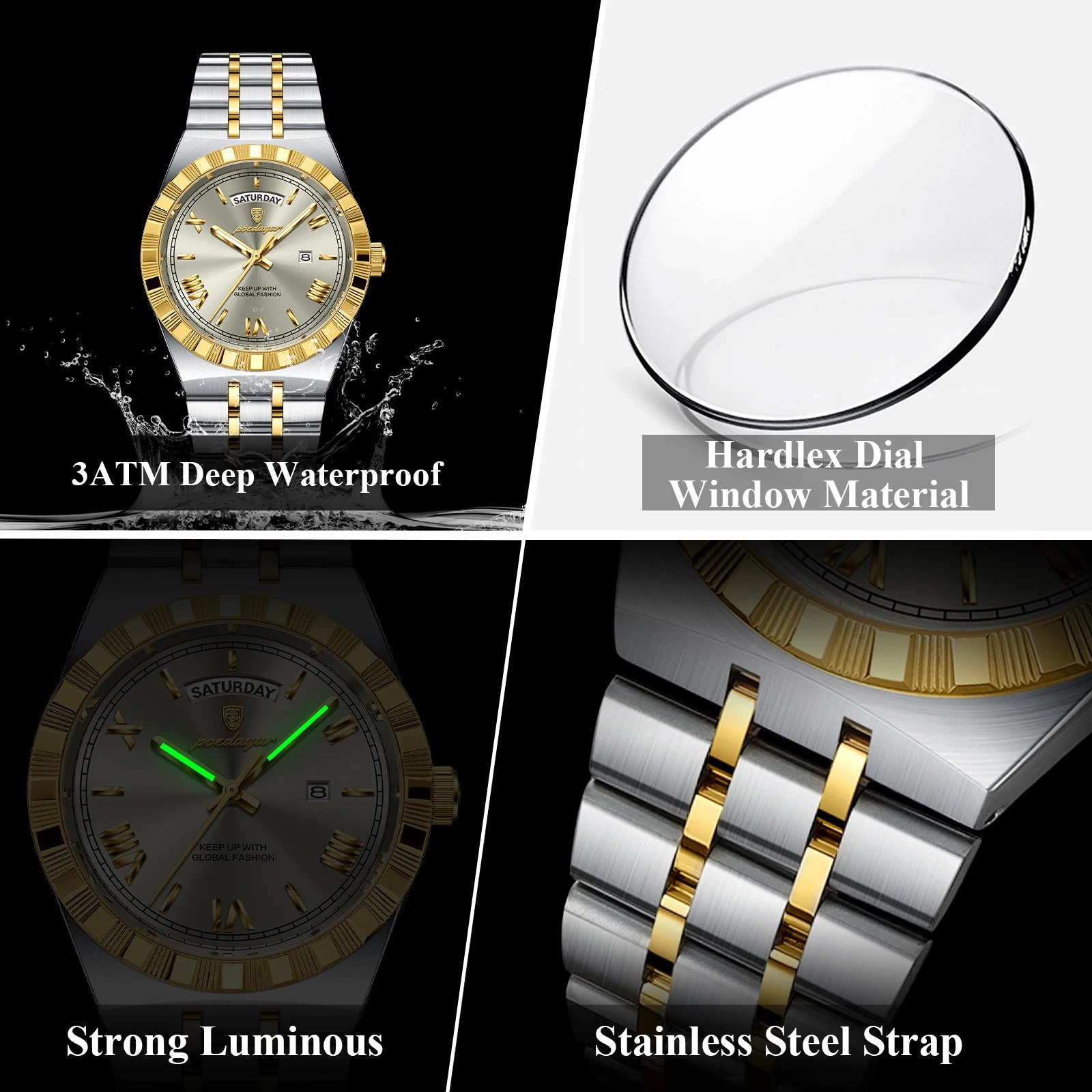 Poedagar 675 Men's Luxury Waterproof Quartz Watch Stainless Steel 3