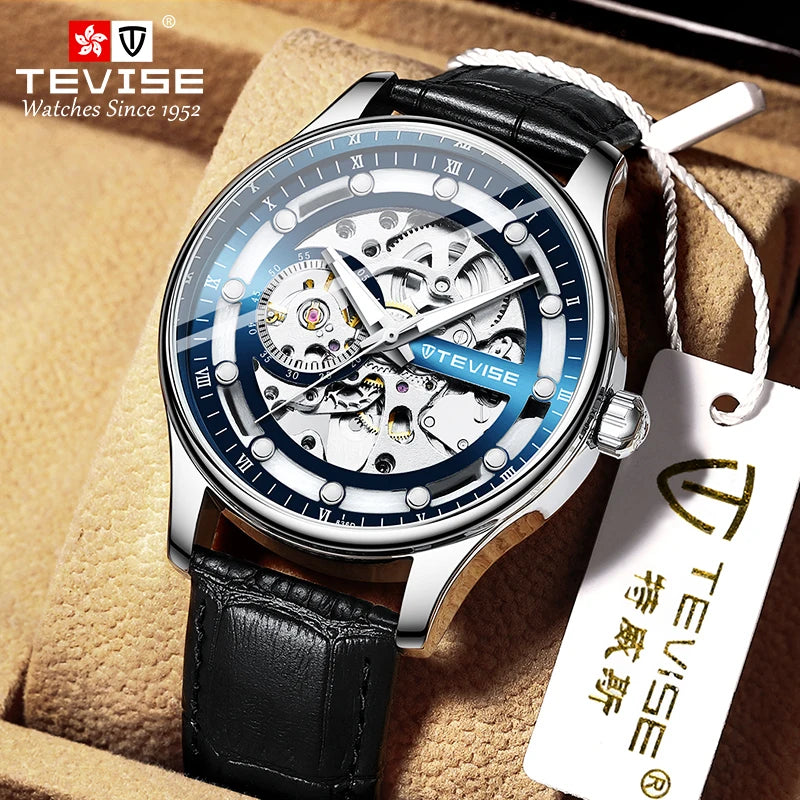 TEVISE Leather Strap Automatic Skeleton Watch