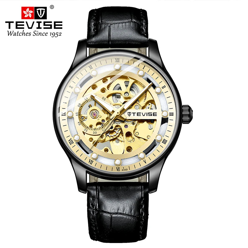 TEVISE Leather Strap Automatic Skeleton Watch 7