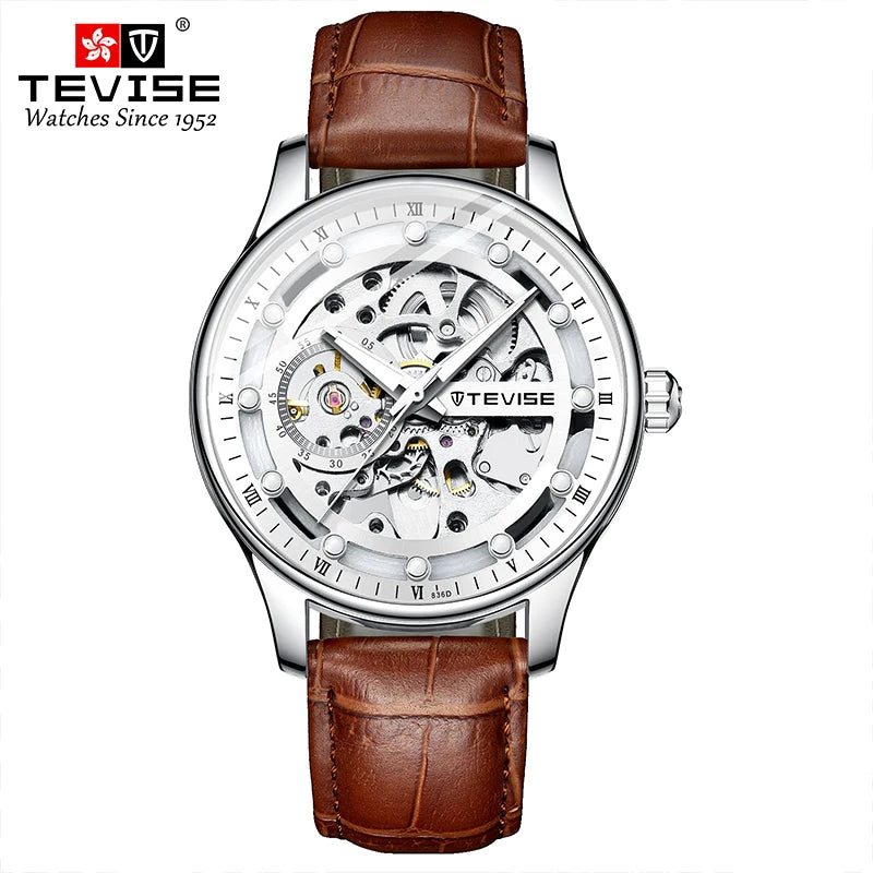 TEVISE Leather Strap Automatic Skeleton Watch 3