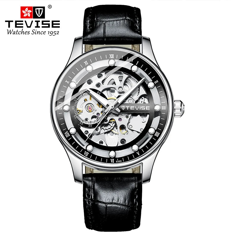TEVISE Leather Strap Automatic Skeleton Watch 4