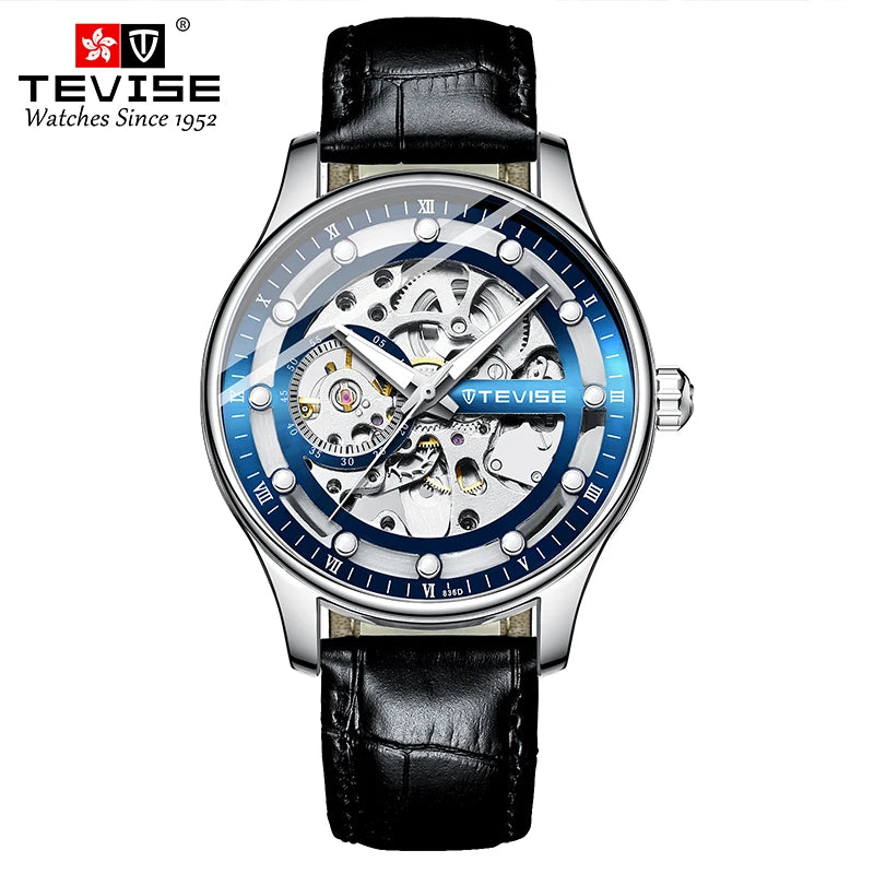 TEVISE Leather Strap Automatic Skeleton Watch 5