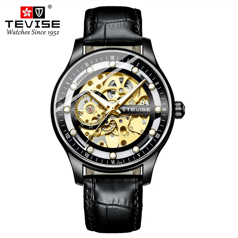 TEVISE Leather Strap Automatic Skeleton Watch 6
