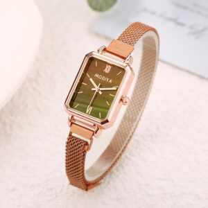 Women's Square Quartz Watch Rose Gold Mesh Strap Green Dial 7